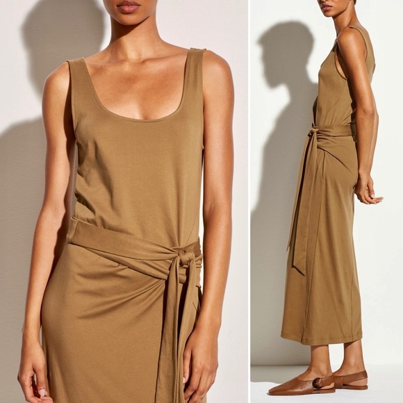 Vince Pima Cotton Jersey Wrap Midi Dress Brown Beige Tank Tie Waist Scoop Neck S - Picture 2 of 10